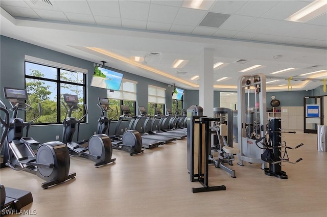 gym with a paneled ceiling and light hardwood / wood-style flooring