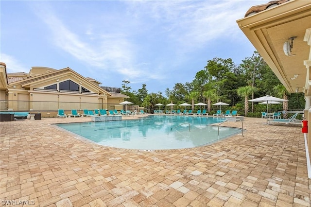 view of swimming pool with a patio