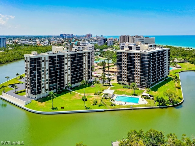 aerial view with a water view