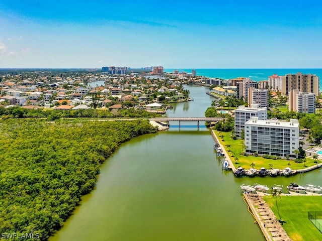 aerial view featuring a water view