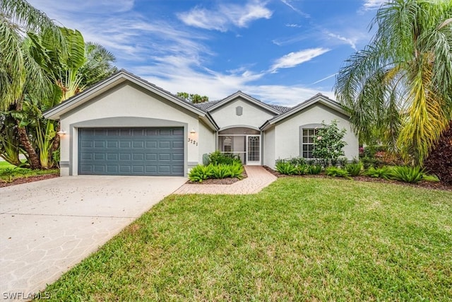 ranch-style house with a garage and a front lawn