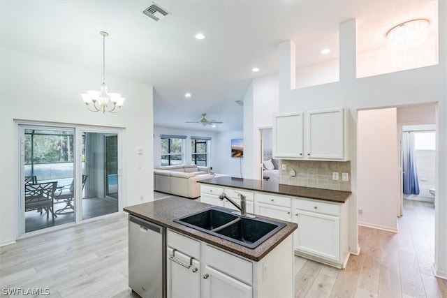 kitchen with sink, white cabinetry, an island with sink, and stainless steel dishwasher