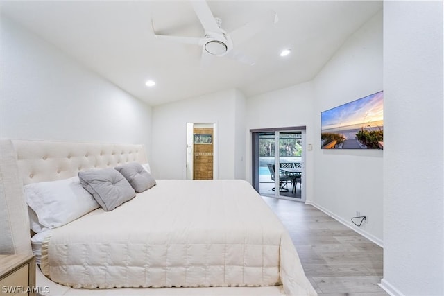 bedroom with ceiling fan, light hardwood / wood-style floors, access to exterior, and lofted ceiling