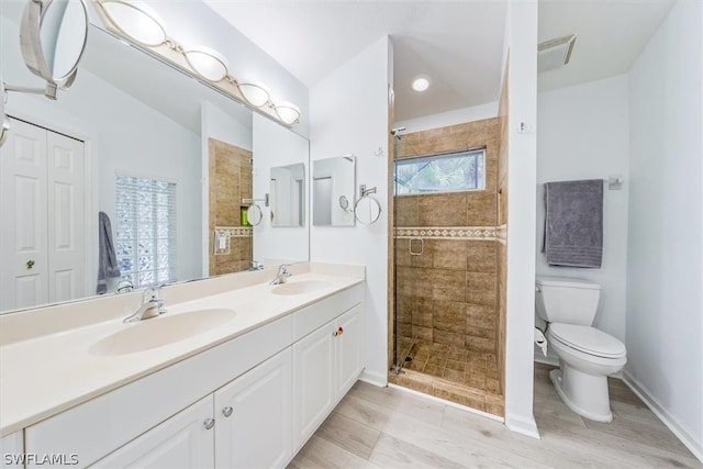 bathroom featuring a tile shower, a healthy amount of sunlight, double vanity, and toilet