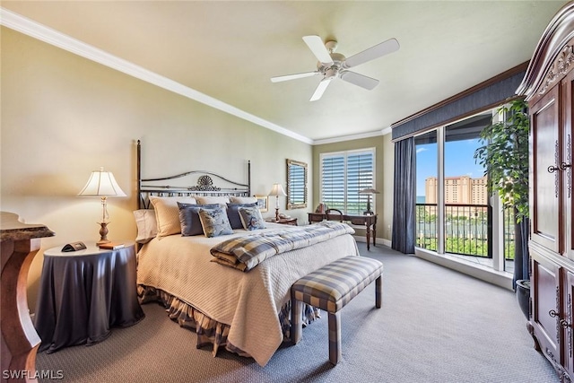 bedroom with ceiling fan, light colored carpet, crown molding, and access to outside