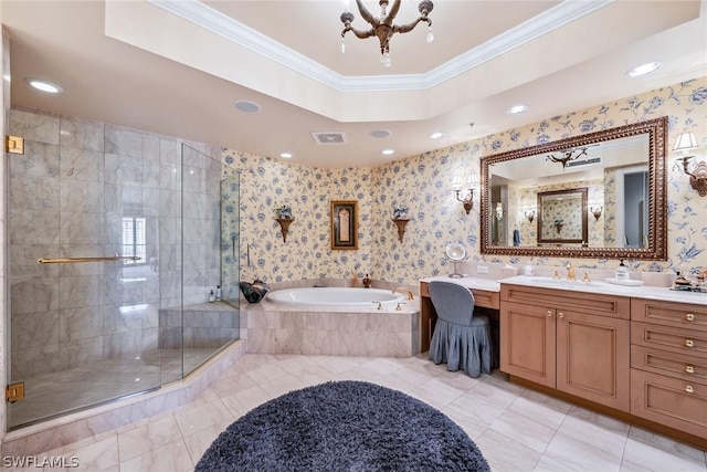 bathroom featuring plus walk in shower, a notable chandelier, a tray ceiling, vanity, and ornamental molding