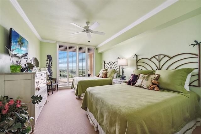 bedroom featuring ceiling fan, light colored carpet, and crown molding