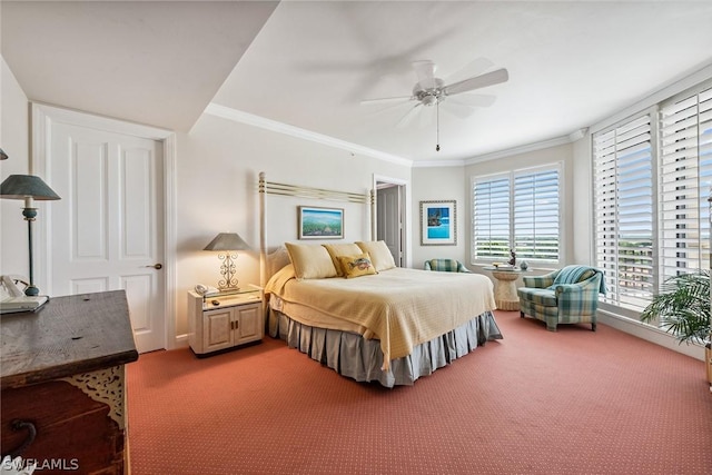 bedroom with ceiling fan, carpet floors, and ornamental molding