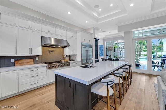 kitchen featuring wall chimney exhaust hood, appliances with stainless steel finishes, crown molding, white cabinetry, and a sink