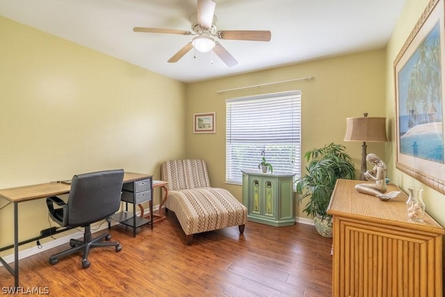 home office featuring dark hardwood / wood-style floors and ceiling fan