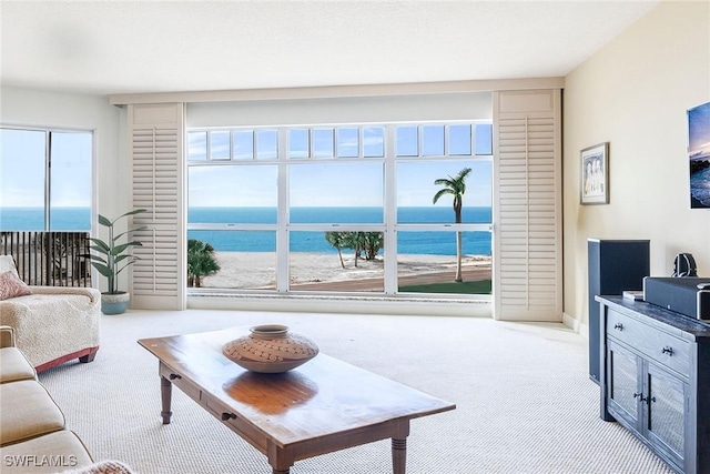carpeted living room featuring a water view
