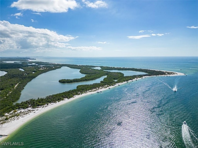 drone / aerial view with a water view and a beach view