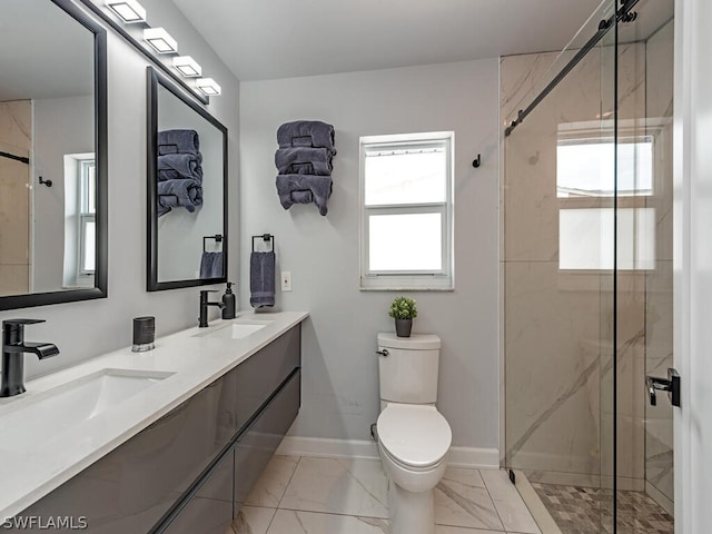 bathroom with vanity, toilet, and walk in shower