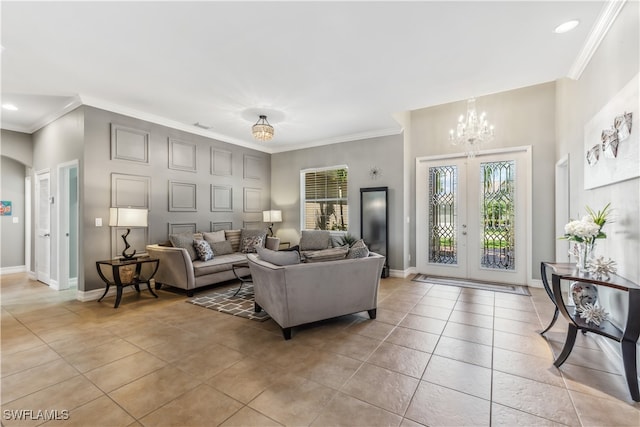 tiled living room featuring french doors, a chandelier, and ornamental molding