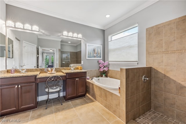 bathroom featuring separate shower and tub, tile patterned floors, vanity, and ornamental molding