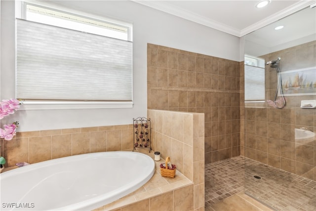 bathroom featuring separate shower and tub and ornamental molding