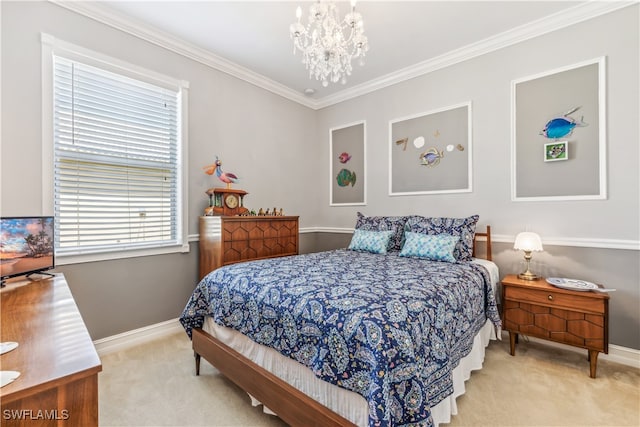 carpeted bedroom with a chandelier and crown molding