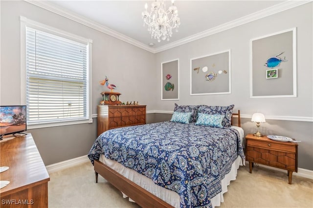 bedroom with ornamental molding, light colored carpet, and an inviting chandelier