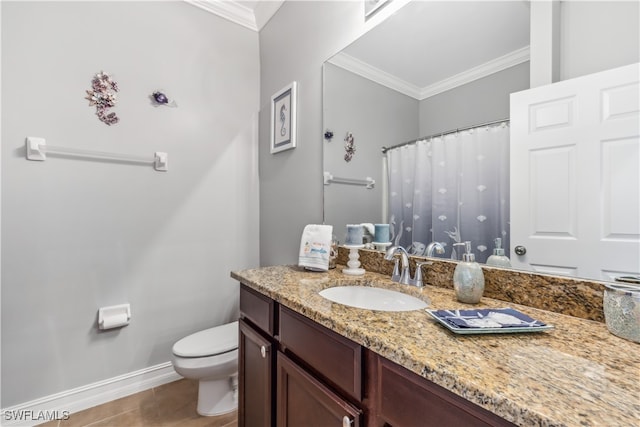 bathroom featuring tile patterned floors, vanity, ornamental molding, and toilet