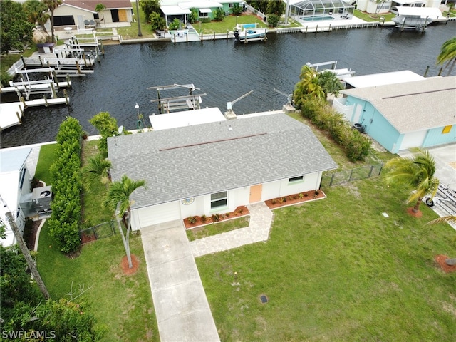 bird's eye view with a water view