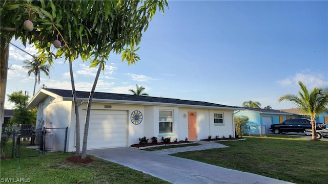 ranch-style house with driveway, an attached garage, fence, a front yard, and stucco siding