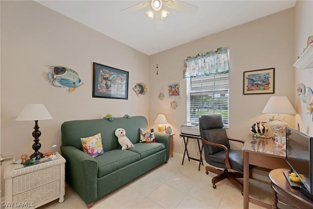 tiled office featuring ceiling fan