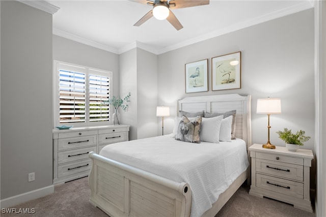 bedroom with ceiling fan, ornamental molding, and light colored carpet