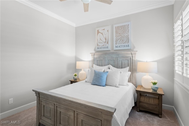 carpeted bedroom with ceiling fan and ornamental molding