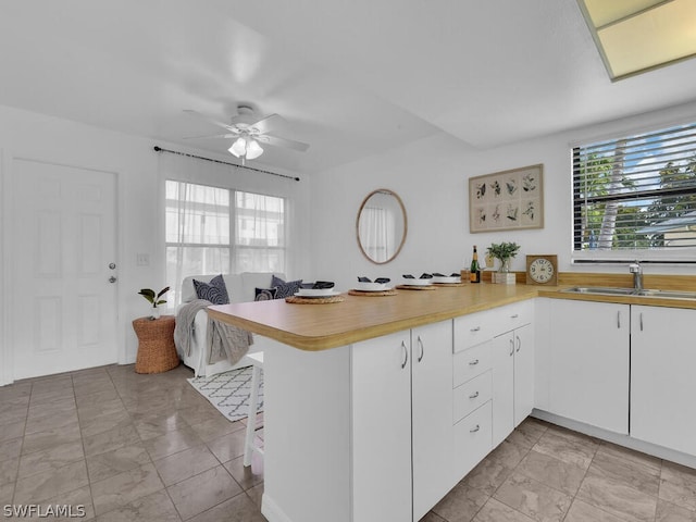 kitchen featuring kitchen peninsula, sink, and white cabinets