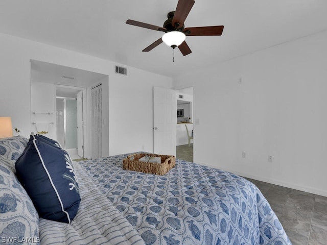 bedroom featuring ceiling fan and a closet