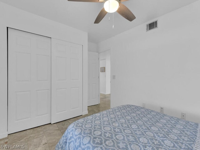 bedroom featuring ceiling fan and a closet