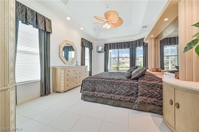 bedroom featuring visible vents, ceiling fan, ornamental molding, a tray ceiling, and recessed lighting