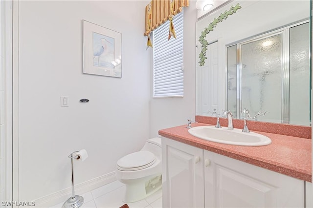 full bath with toilet, tile patterned flooring, vanity, and a shower stall