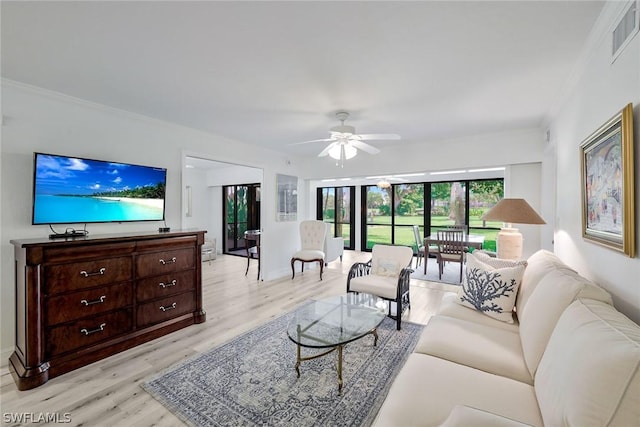 living room with ceiling fan and light hardwood / wood-style floors