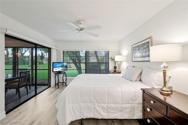 bedroom with ceiling fan, light wood-type flooring, and access to outside