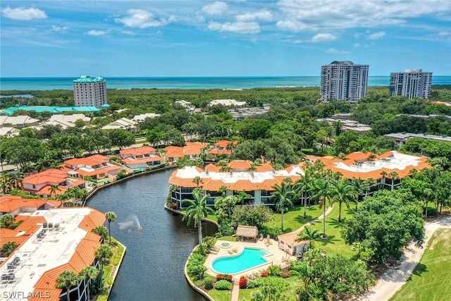 drone / aerial view featuring a water view