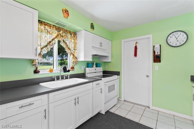 kitchen with electric range, sink, white cabinets, and light tile patterned flooring