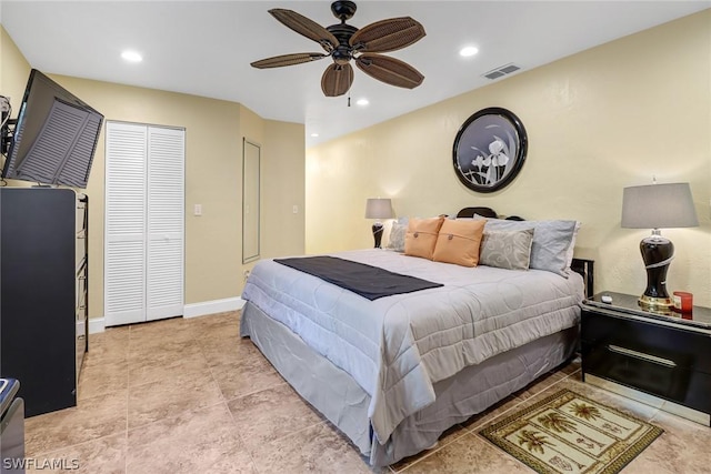 bedroom featuring baseboards, visible vents, a ceiling fan, and recessed lighting