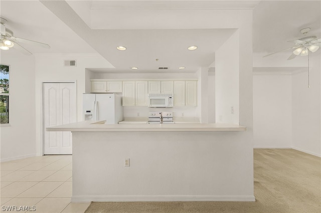 kitchen featuring ceiling fan, white appliances, ornamental molding, and white cabinetry