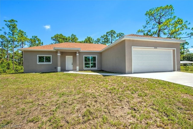 ranch-style house with a front lawn and a garage