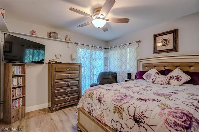 bedroom featuring ceiling fan and light hardwood / wood-style floors