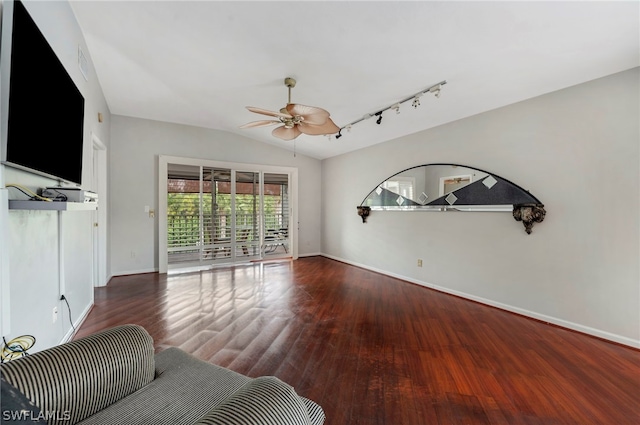 living room with track lighting, wood-type flooring, ceiling fan, and lofted ceiling