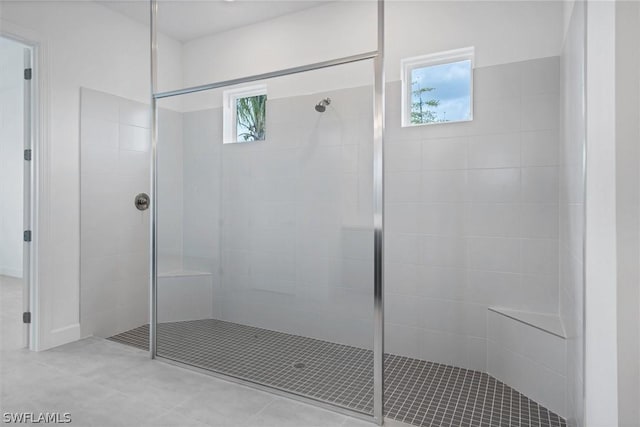 bathroom with a shower with shower door