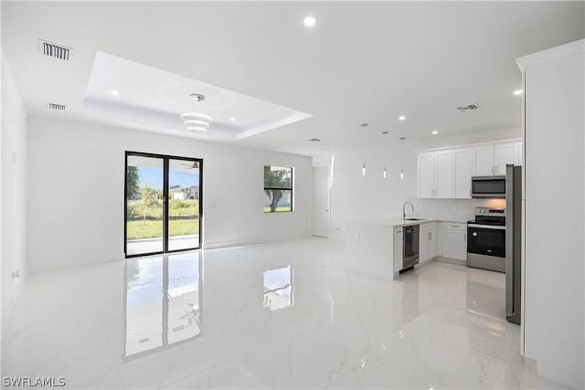 kitchen with a raised ceiling, sink, white cabinets, and stainless steel appliances