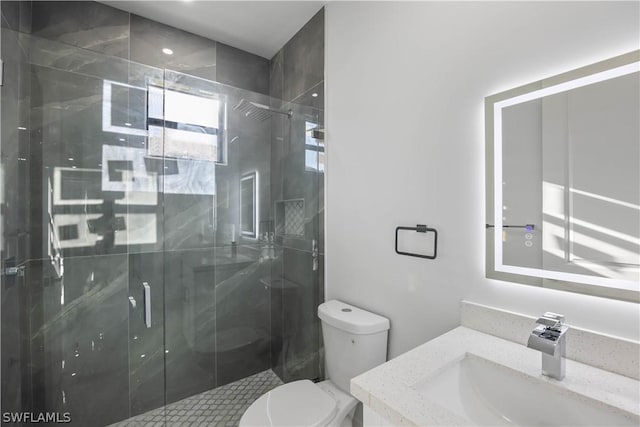 bathroom with vanity, an enclosed shower, and toilet