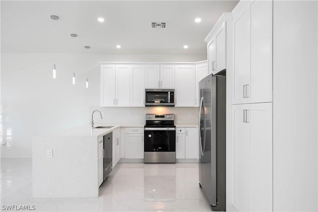 kitchen featuring sink, stainless steel appliances, tasteful backsplash, kitchen peninsula, and white cabinets