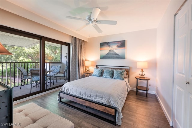 bedroom with ceiling fan, access to exterior, and dark wood-type flooring