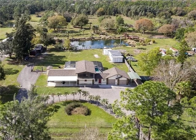 aerial view featuring a water view