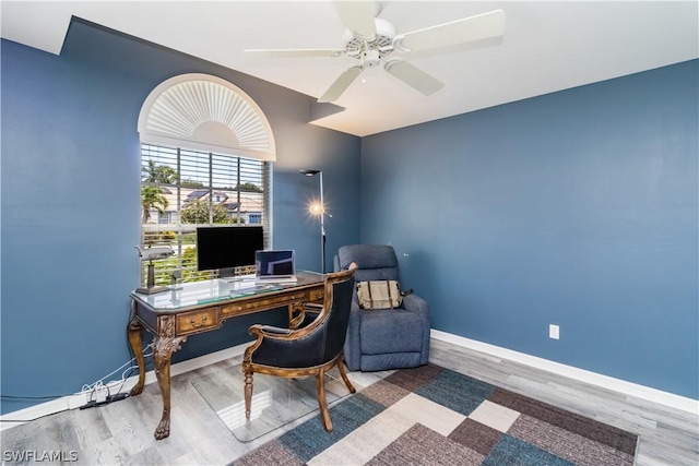 office space with hardwood / wood-style floors and ceiling fan