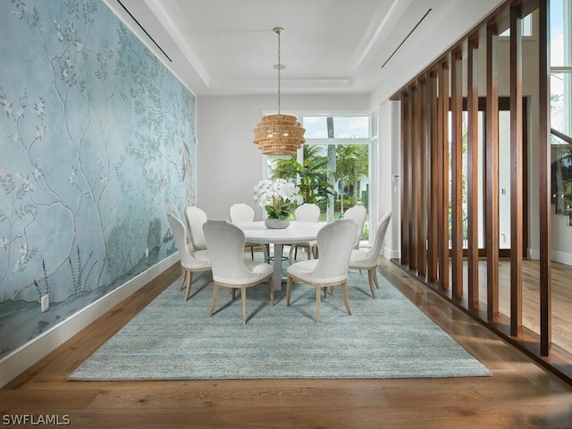 dining room with dark hardwood / wood-style floors and a raised ceiling